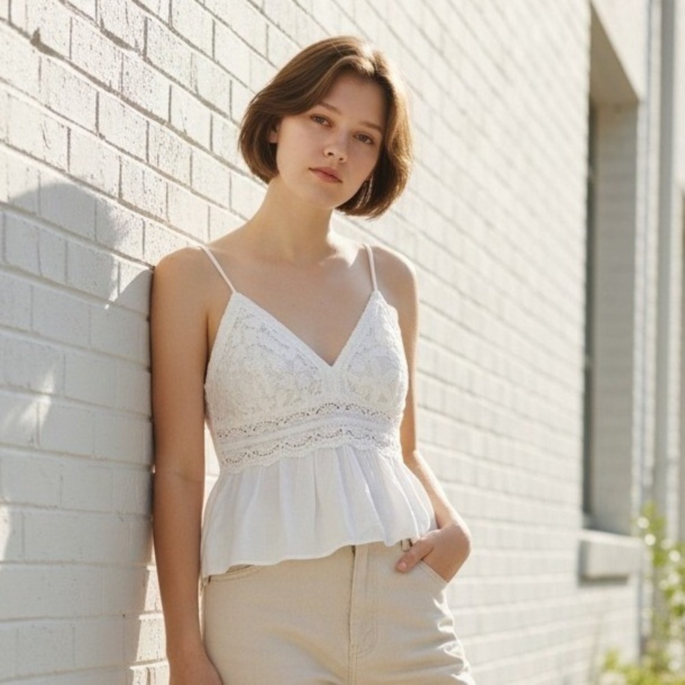 Rebellion Lace Camisole Tank Top Size Small Ivory Smocked Back Peplum Sleeveless